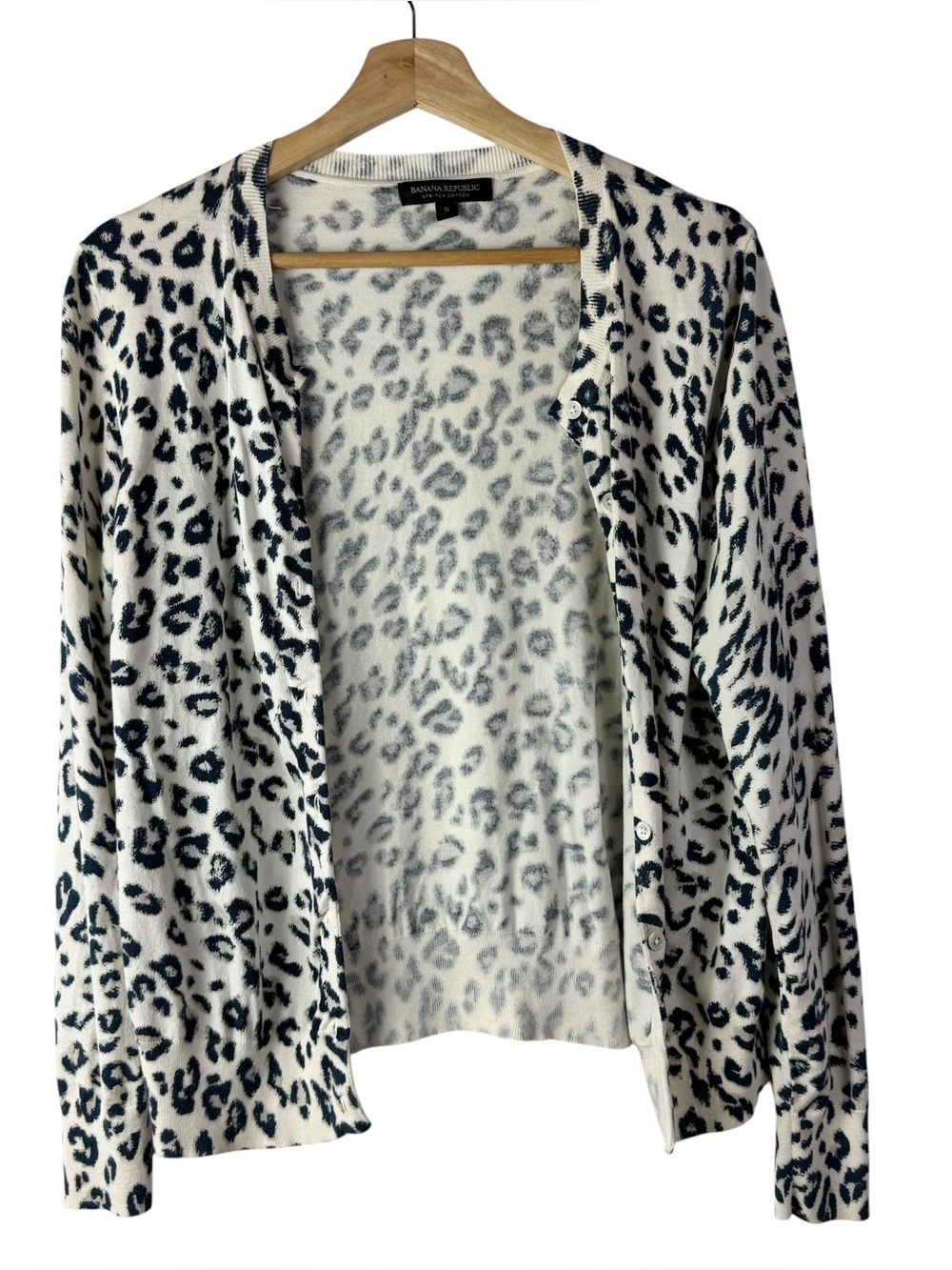 Banana Republic White & Black Cheetah Print Stretch Cotton Cardigan Sweater S